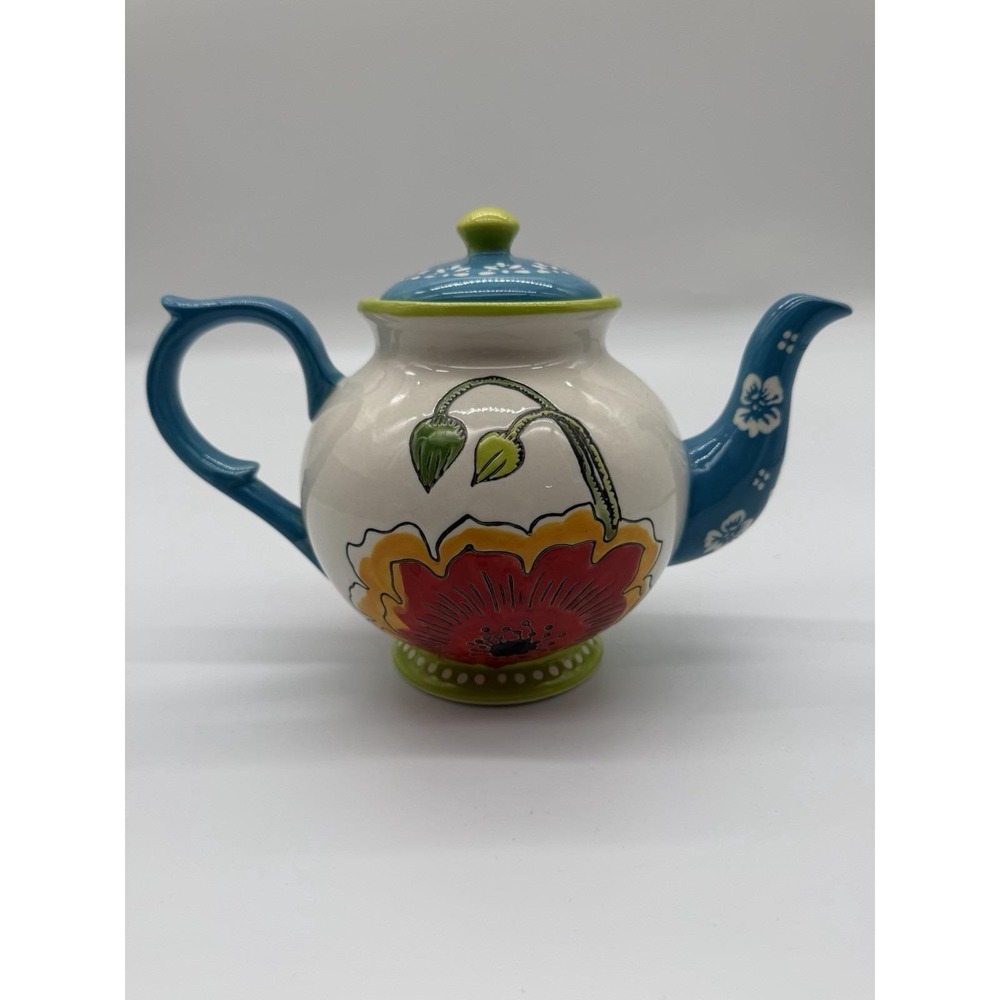 Dutch Wax Hand Painted 7" Teapot Coastline Imports Blue Green Red Floral Ceramic